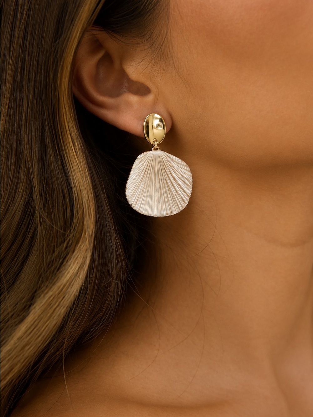 Gold Drop Earrings with Cream Shell Accent - Women Jewelry